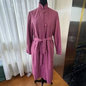 Vintage 80s mauve pink fall coat, faux suede, assorted tie belt, Niccolini, 8/10